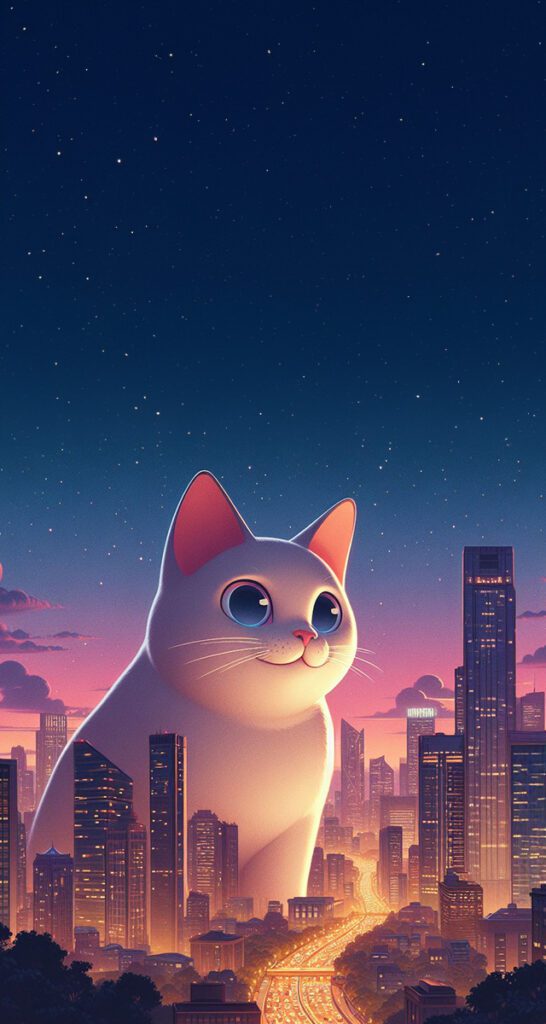 Binalardan da büyük sevimli bir kedi şehirde oturuyor.