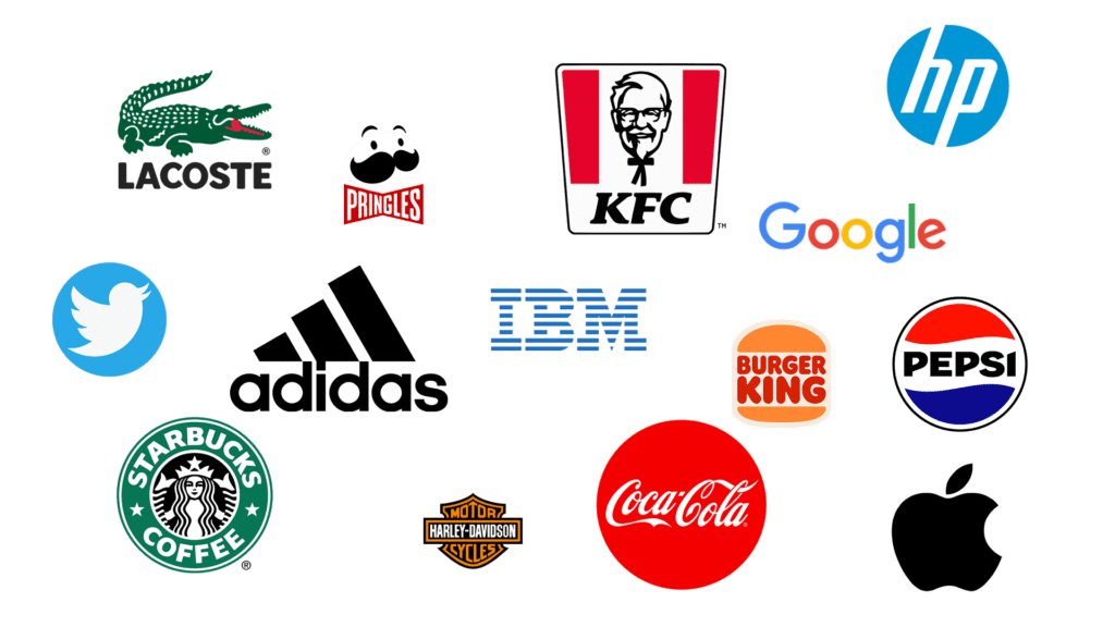 Birçok ünlü markanın logosunun bulunduğu bir görsel.